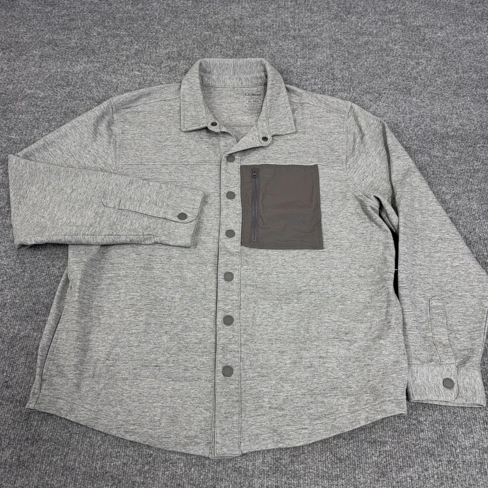 LL Bean Shirt Jacket Men XL Gray Snap Button Sweatshirt Shacket Pockets